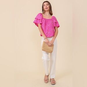 LUMIERE SMOCKED SQUARE NECK FLORAL BLOUSE WITH OPEN BACK PINK & WHITE MEDIUM